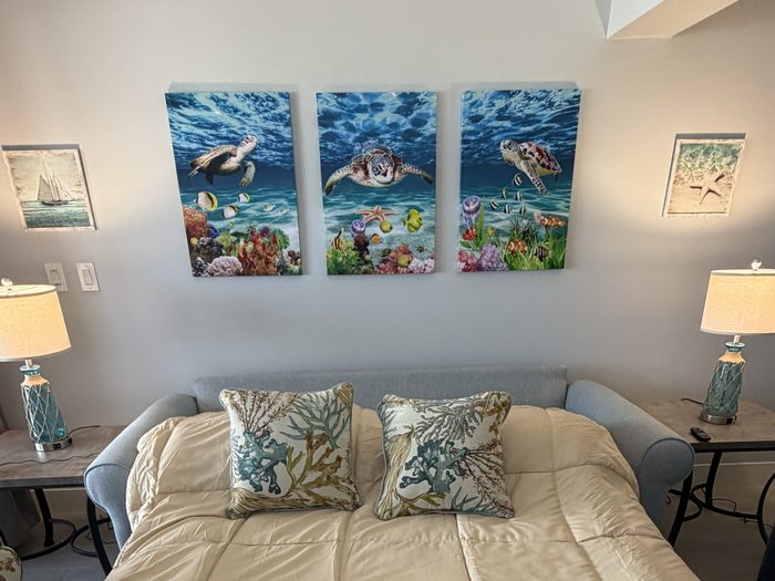 Queen sleeper sofa in the living room made up as a bed below a sea turtle triptych